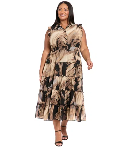 London Times Plus Size Long Sleeve Mock Neck Short Dress In Brown