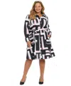 London Times Plus Size Long-sleeve Printed Shirt Dress In Multi