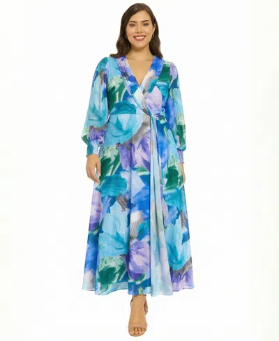 London Times Plus Size Long-sleeve V-neck Maxi Dress In Multi