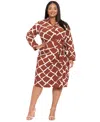 London Times Plus Size Long Sleeve Wrap Midi Dress In Brown