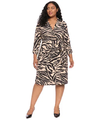 London Times Plus Size Long-sleeve Wrap Midi Dress In Tan,black