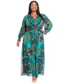 London Times Plus Size Mesh Twist Front Long Sleeve Maxi Dress In Green