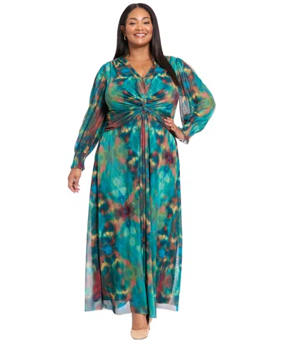 London Times Plus Size Mesh Twist Front Long Sleeve Maxi Dress In Green