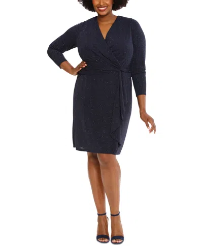 London Times Plus Size Metallic Tweed Faux-wrap Dress In Navy