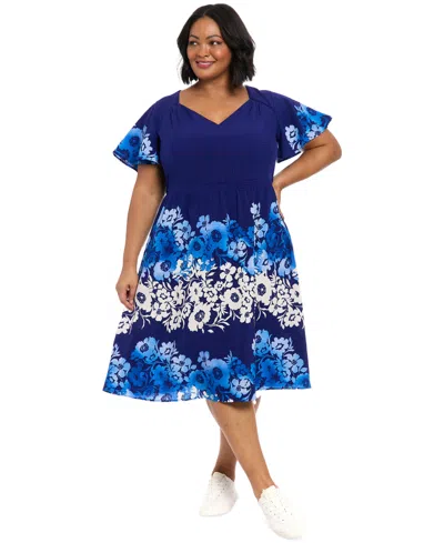 London Times Plus Size Placed-floral Flutter-sleeve Dress In Navy Cobalt