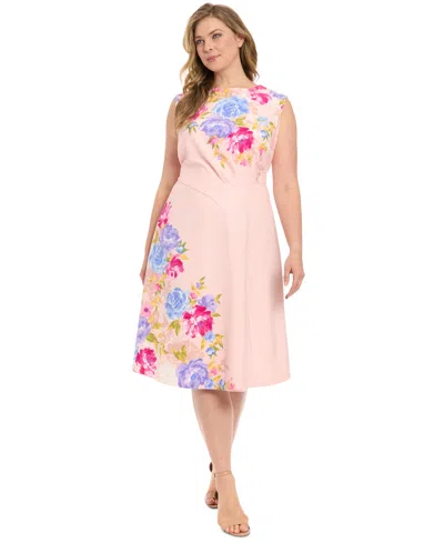 London Times Plus Size Placed Floral-print Sleeveless Midi Dress In Pink Berry