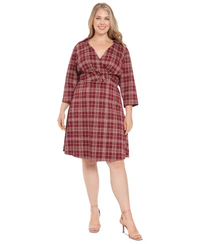 London Times Plus Size Plaid Collared V-neck 3/4-sleeve Dress In Wine Tan