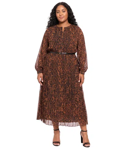 London Times Plus Size Pleated Skirt Belted Mid Animal-print Chiffon Dress In Brown