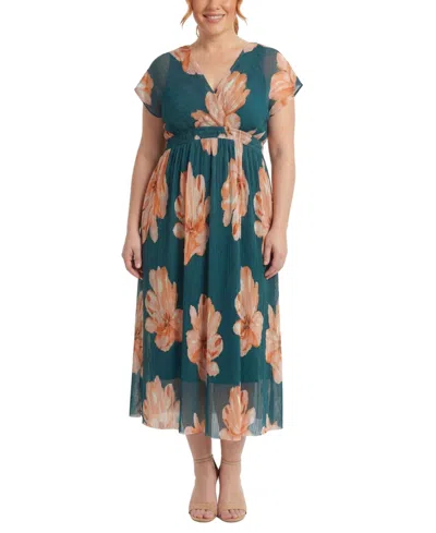 London Times Plus Size Pleated Surplice-neck Fit & Flare Dress In Multi