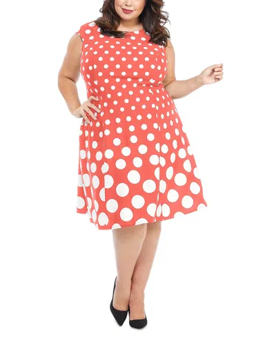 London Times Plus Size Polka-dot Fit & Flare Dress In Coral White