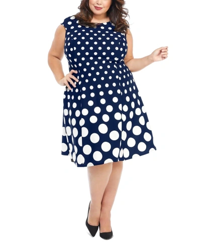 London Times Plus Size Polka-dot Fit & Flare Dress In Navy White