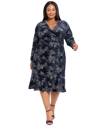 London Times Plus Size Print Scoop-neck Sleeveless Dress In Blue