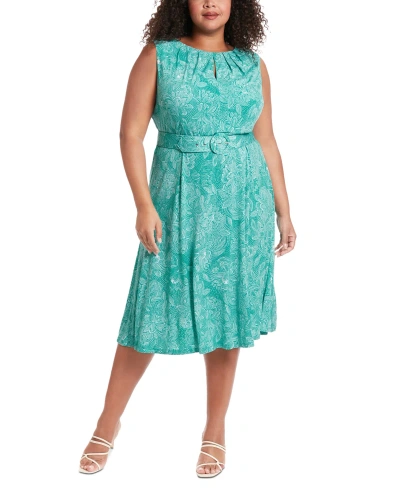 London Times Plus Size Printed Belted Fit & Flare Dress In Green
