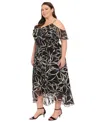 London Times Plus Size Printed Cold-shoulder Ruffle Dress In Black