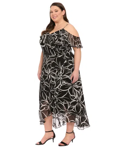 London Times Plus Size Printed Cold-shoulder Ruffle Dress In Black