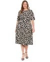 London Times Plus Size Printed Elbow-sleeve Midi Dress In Black,cream