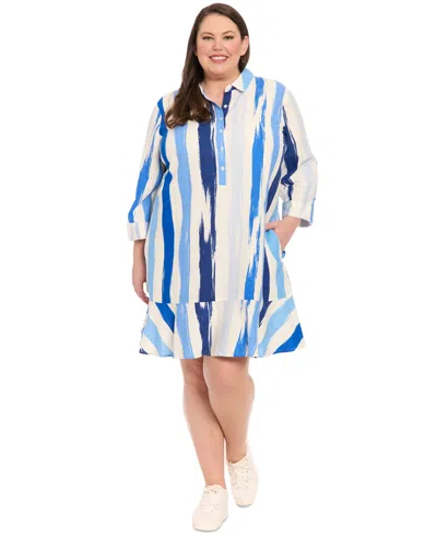 London Times Plus Size Printed Flounce-hem Shift Dress In Blue White