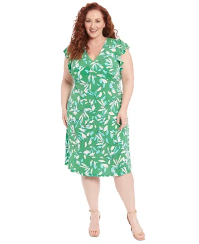 London Times Plus Size Printed Flutter-sleeve Dress In Green Mult