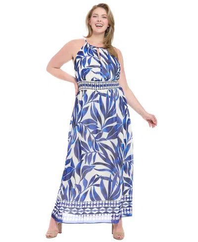 London Times Plus Size Printed Halter-neck Maxi Dress