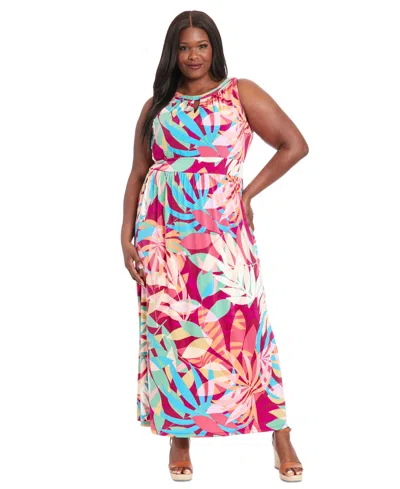 London Times Plus Size Printed Halter-neck Maxi Dress In Wine Pink