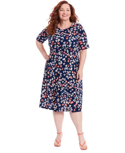 London Times Plus Size Printed Jersey A-line Midi Dress In Navy Coral