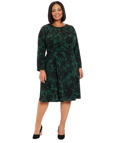 London Times Plus Size Printed Keyhole Long-sleeve Dress In Emerald,black