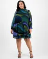 London Times Plus Size Printed Pleated Blouson-sleeve Shift Dress In Multi