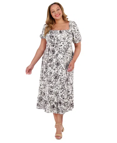 London Times Plus Size Printed Puff-sleeve Maxi Dress In Black