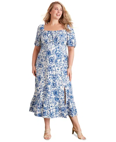 London Times Plus Size Printed Puff-sleeve Maxi Dress In Blue Multi