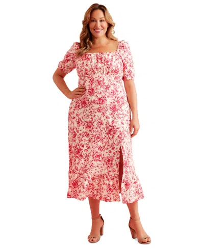 London Times Plus Size Printed Puff-sleeve Maxi Dress In Red Multi