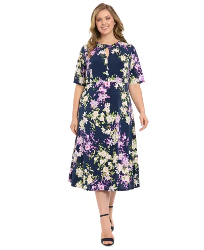 London Times Plus Size Printed Round-pleat-neck Dress In Navy Purple
