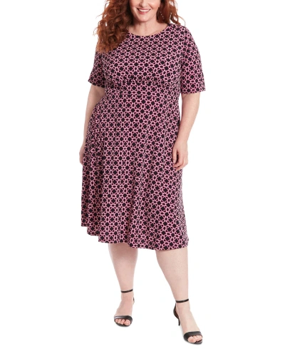 London Times Plus Size Printed Short-sleeve Midi Dress In Black,pink