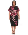 London Times Plus Size Printed Short-sleeve Midi Dress In Blk.peach