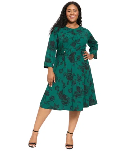 London Times Plus Size Printed Side Tab Floral 3/4-sleeve Midi Dress In Green