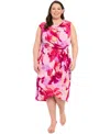 London Times Plus Size Printed Side-tie Sleeveless Dress In Pink Orchid