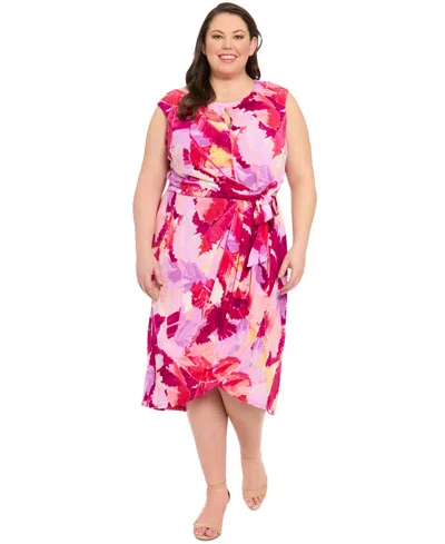 London Times Plus Size Printed Side-tie Sleeveless Dress In Pink Orchid