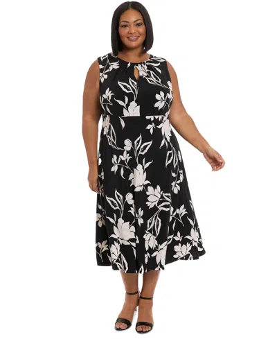 London Times Plus Size Printed Sleeveless Midi Dress In Black Ivory