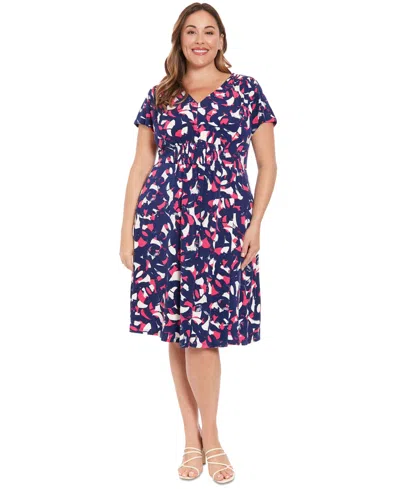 London Times Plus Size Printed Smocked-front Dress In Navy Multi