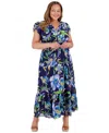 London Times Plus Size Printed Smocked-waist Bubble-sleeve Maxi Dress In Blue