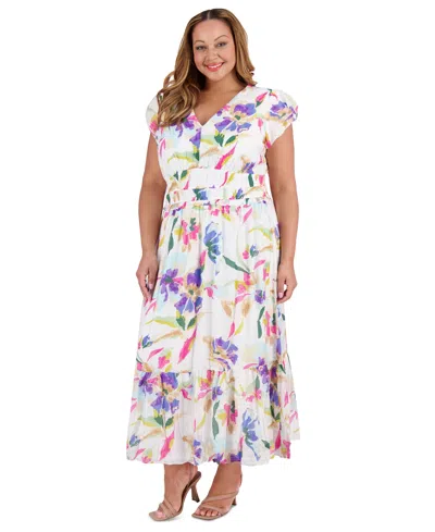 London Times Plus Size Printed Smocked-waist Bubble-sleeve Maxi Dress In Multi