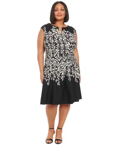 London Times Plus Size Printed Split-neck Fit & Flare Dress In Black Cream