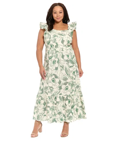 London Times Plus Size Printed Square Neck Maxi Dress In Green