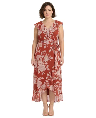 London Times Plus Size Printed Wrap V-neck Dress In Multi