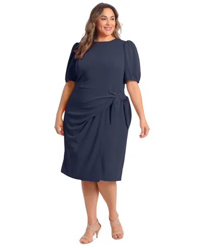 London Times Plus Size Puff-sleeve Tie-waist Dress In Navy