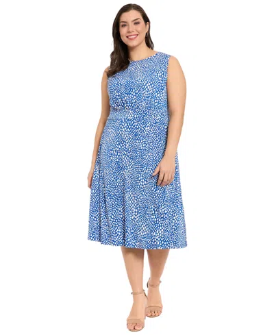 London Times Plus Size Sleeveless Jewel Neck Midi Dress In Blue