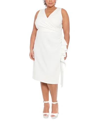 London Times Plus Size Ruched Ruffled Sheath Dress In Ivory
