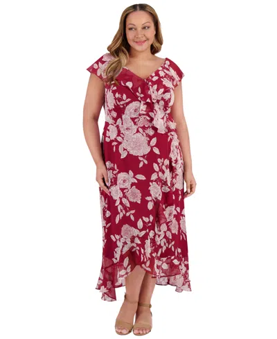 London Times Plus Size Ruffled Floral-print Faux-wrap Dress
