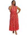 London Times Plus Size Ruffled-neck Tiered Maxi Dress In Red