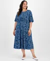 London Times Plus Size Short-sleeve Printed Fit & Flare Midi Dress In Blue