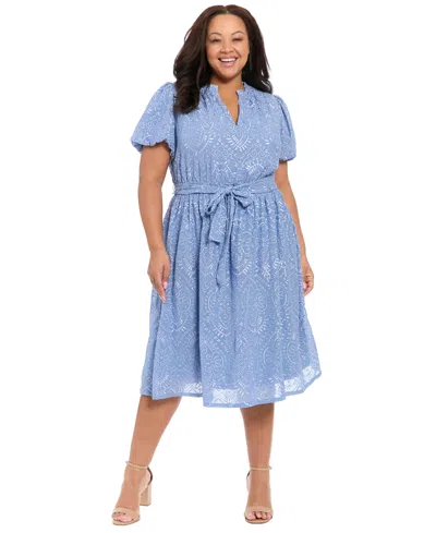 London Times Plus Size Short-sleeve Notch Neck Midi Dress In Blue